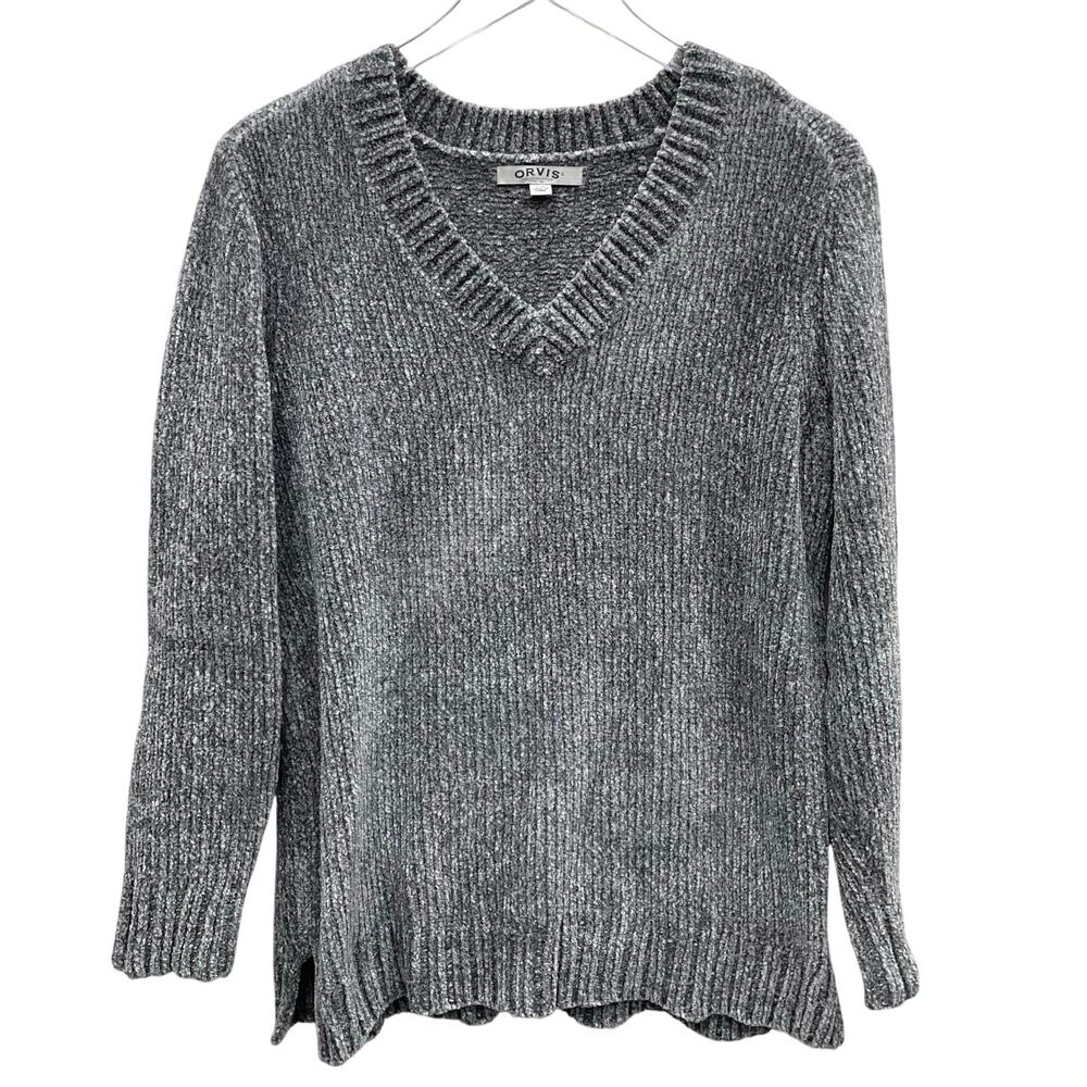 Orvis Cozy Gray Chenille V-Neckline Sweater Size Large